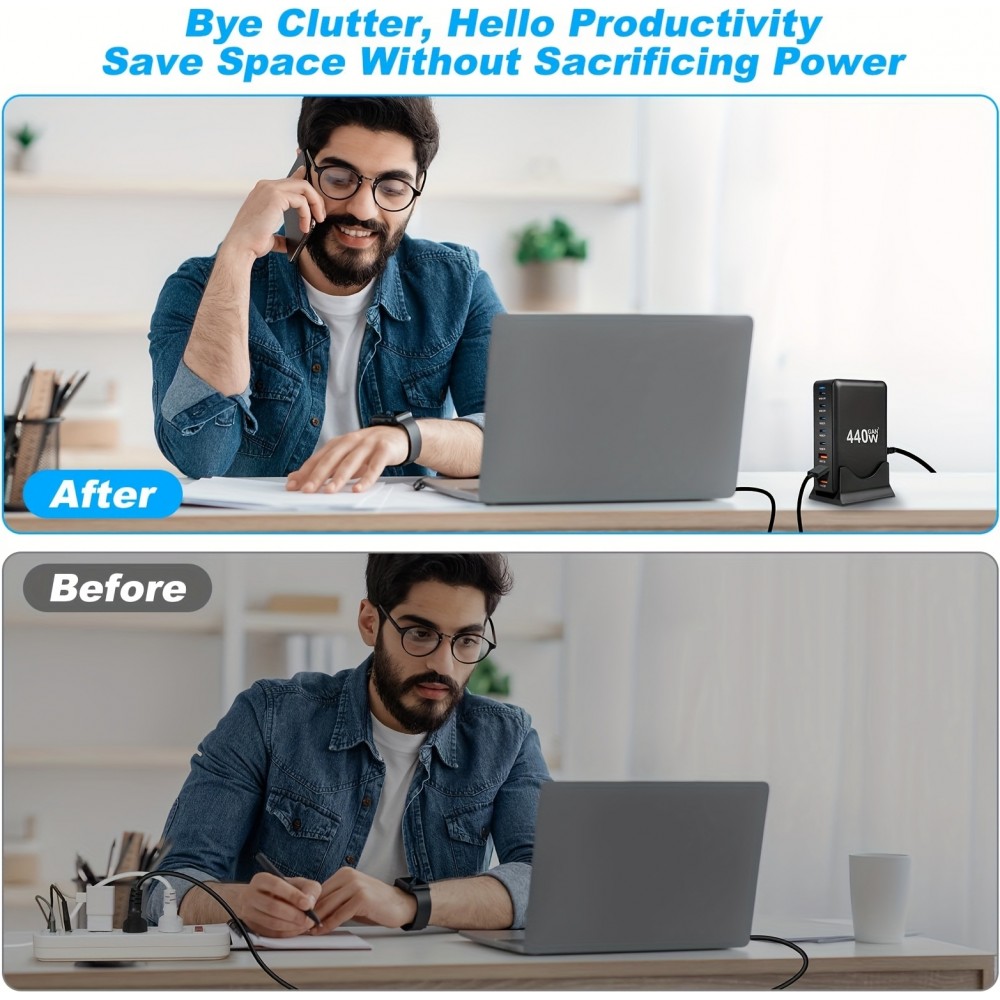 Schnellladegerät 440W GaN Multi-Port mit LED-Anzeigen 8-in-1 USB-C/USB-A CH/EU - Weiß