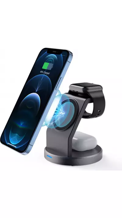 15W Magnetisches kabelloses Ladegerät 3-in-1 Schnelllade Station für iPhone, Apple Watch, AirPods - Schwarz