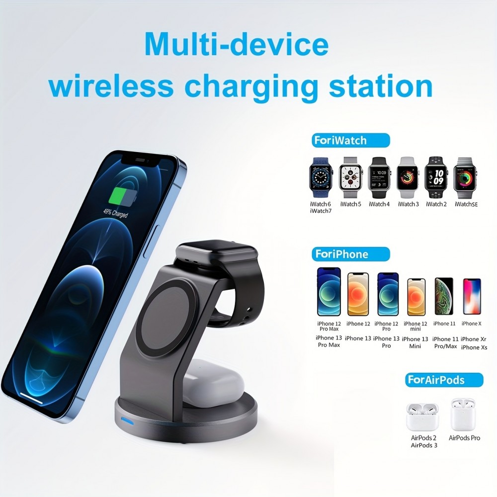 15W Magnetisches kabelloses Ladegerät 3-in-1 Schnelllade Station für iPhone, Apple Watch, AirPods - Schwarz