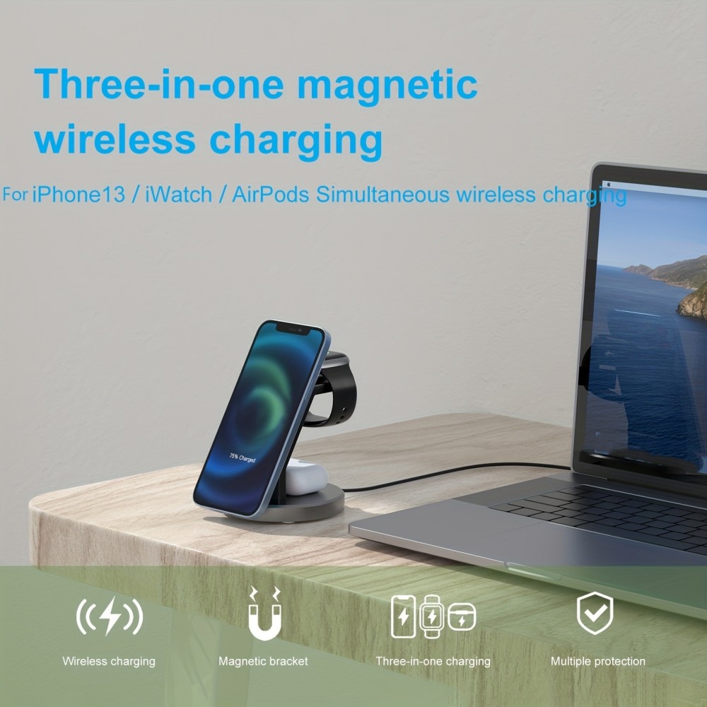 15W Magnetisches kabelloses Ladegerät 3-in-1 Schnelllade Station für iPhone, Apple Watch, AirPods - Schwarz