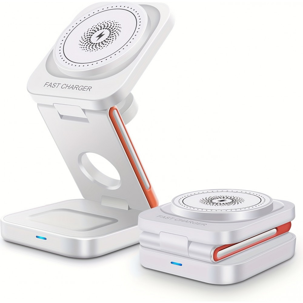 3-in-1 15W Magnetischer Kabelloser Ladegerät mit Faltbarem Ständer für iPhone / Apple Watch / AirPods und USB-C Anschluss - Weiss