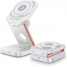 3-in-1 15W Magnetischer Kabelloser Ladegerät mit Faltbarem Ständer für iPhone / Apple Watch / AirPods und USB-C Anschluss - Weiss