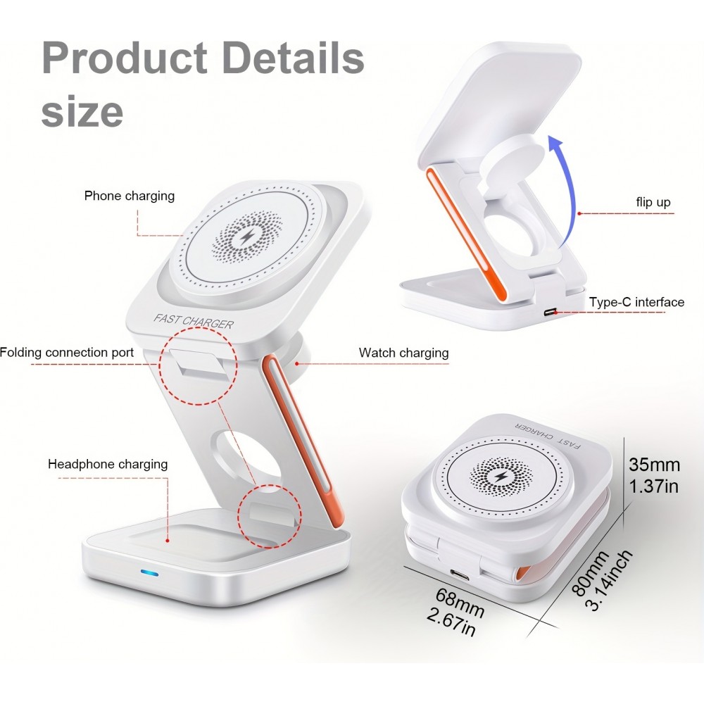 3-in-1 15W Magnetischer Kabelloser Ladegerät mit Faltbarem Ständer für iPhone / Apple Watch / AirPods und USB-C Anschluss - Weiss