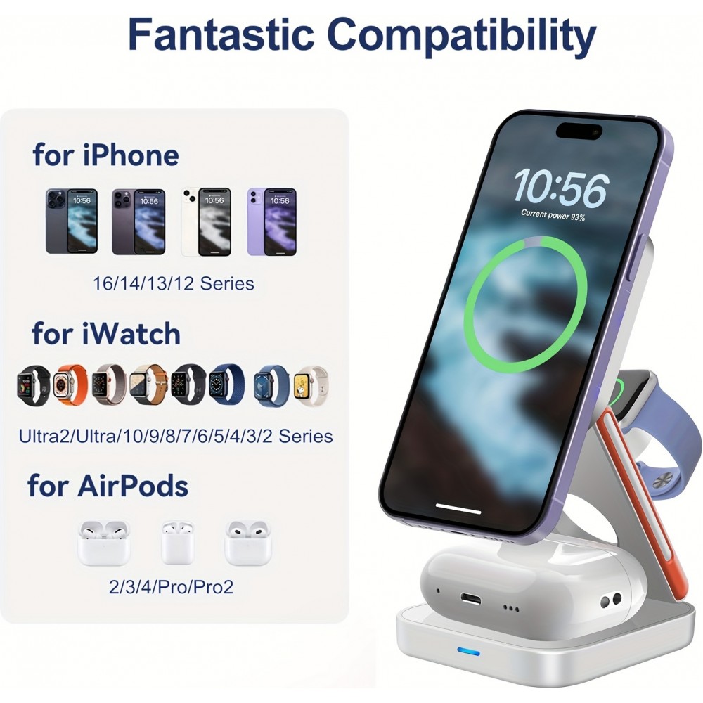 3-in-1 15W Magnetischer Kabelloser Ladegerät mit Faltbarem Ständer für iPhone / Apple Watch / AirPods und USB-C Anschluss - Weiss