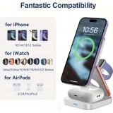 3-in-1 15W Magnetischer Kabelloser Ladegerät mit Faltbarem Ständer für iPhone / Apple Watch / AirPods und USB-C Anschluss - Weiss