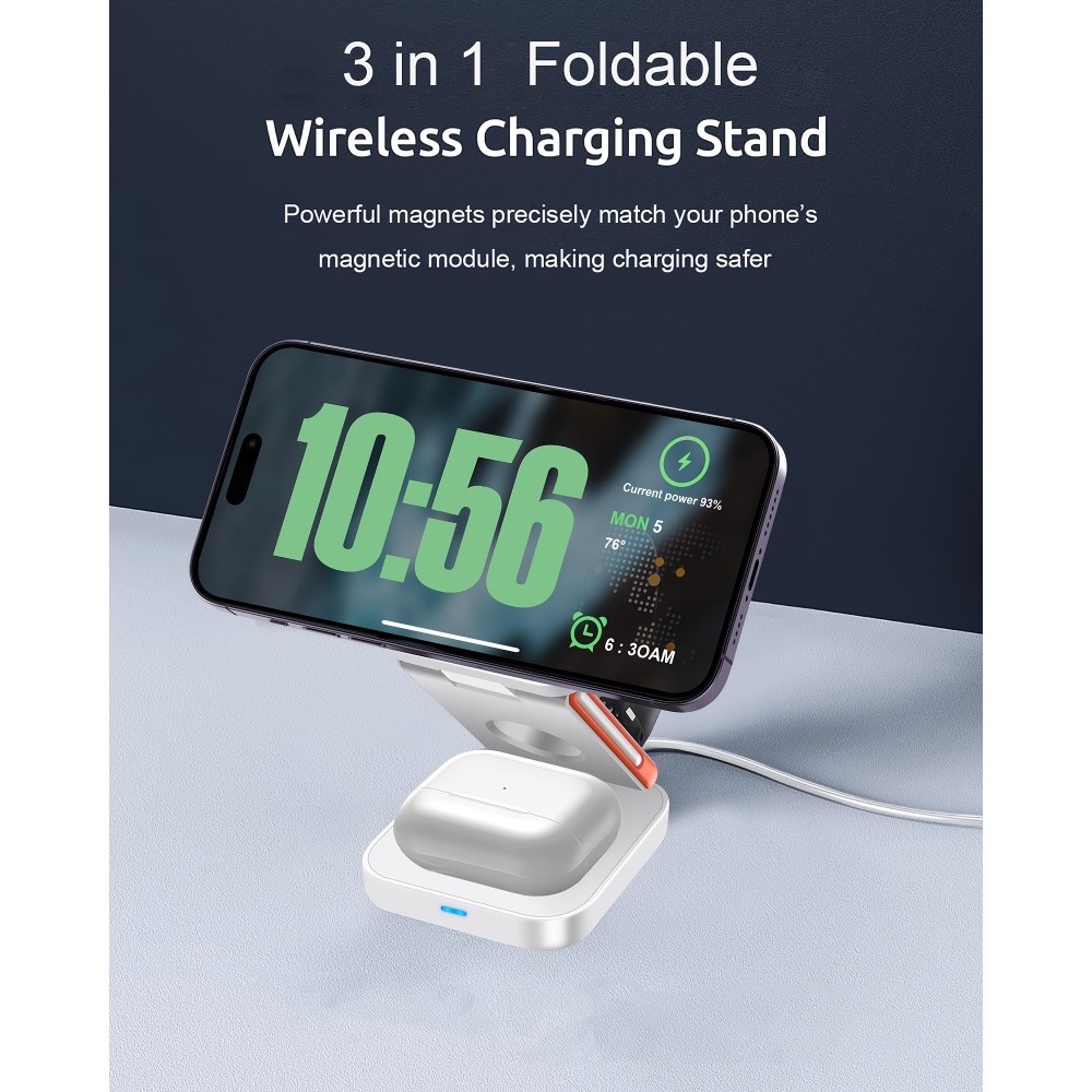 3-in-1 15W Magnetischer Kabelloser Ladegerät mit Faltbarem Ständer für iPhone / Apple Watch / AirPods und USB-C Anschluss - Weiss
