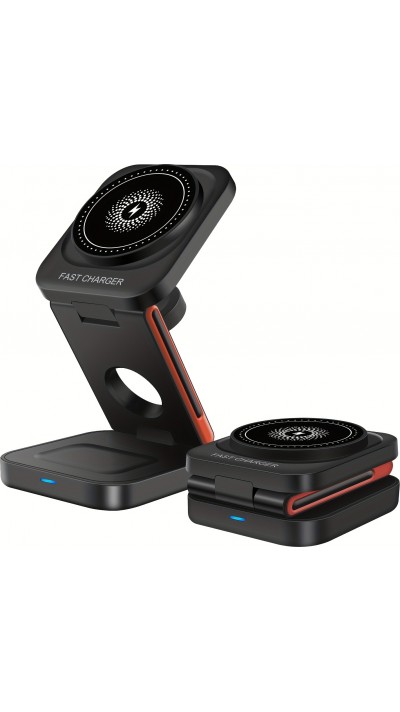 3-in-1 15W Magnetischer Kabelloser Ladegerät mit Faltbarem Ständer für iPhone / Apple Watch / AirPods und USB-C-Anschluss - Schwarz