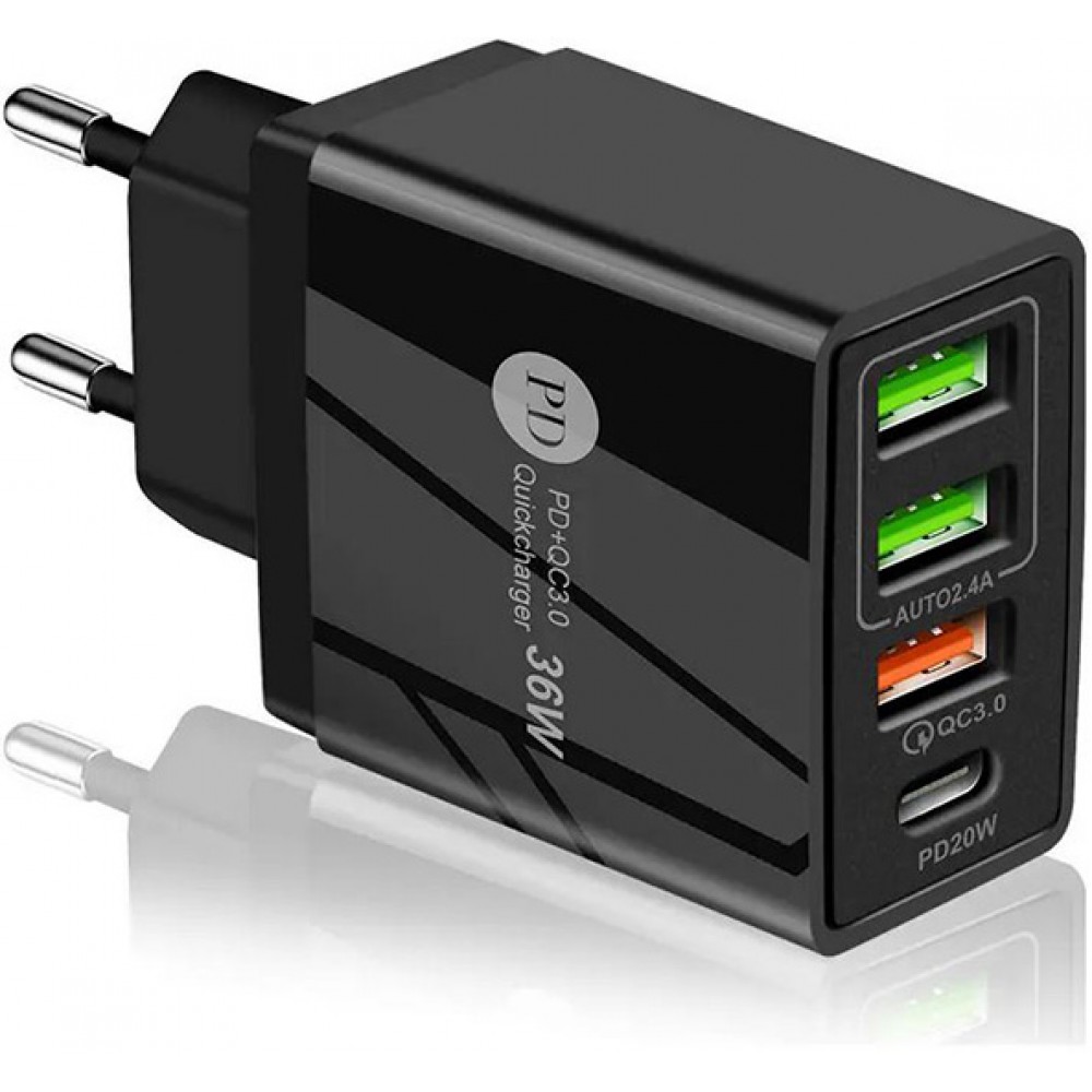 Ladegerät Netzstecker 36W PowerDelivery QC3.0 Schnelllade Adapter 3x USB-A + 1x USB-C - Schwarz