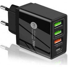 Ladegerät Netzstecker 36W PowerDelivery QC3.0 Schnelllade Adapter 3x USB-A + 1x USB-C - Schwarz