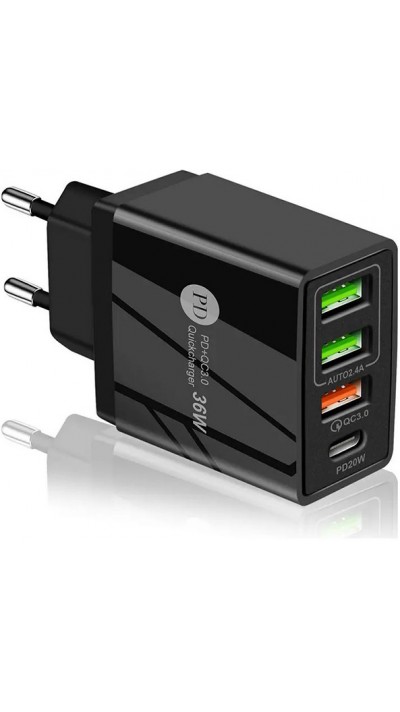 Ladegerät Netzstecker 36W PowerDelivery QC3.0 Schnelllade Adapter 3x USB-A + 1x USB-C - Schwarz