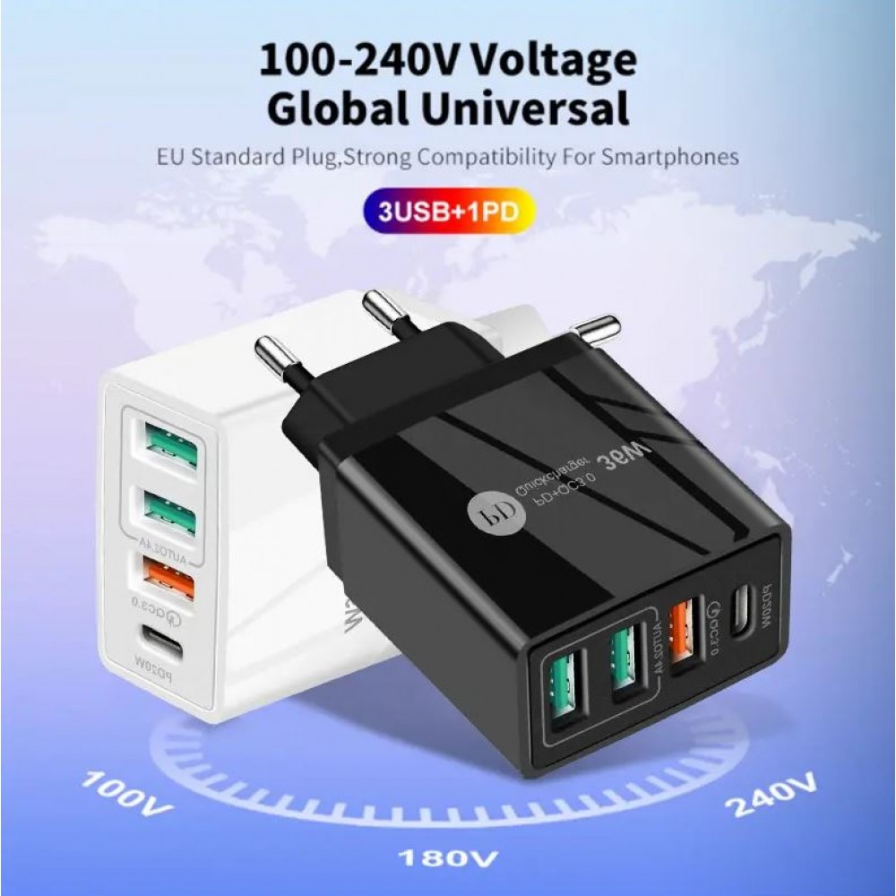 Ladegerät Netzstecker 36W PowerDelivery QC3.0 Schnelllade Adapter 3x USB-A + 1x USB-C - Schwarz