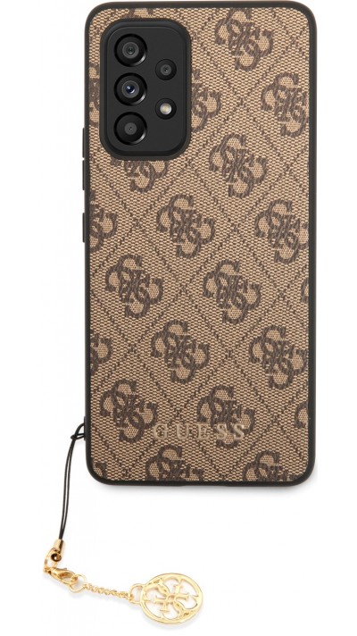 Samsung Galaxy A53 5G Case Hülle - Guess Leinwand Kunstleder Monogramm goldenen Metall-Logo mit Charm Anhänger - Braun