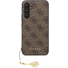 Samsung Galaxy A54 5G Case Hülle - Guess Leinwand Kunstleder Monogramm goldenen Metall-Logo mit Charm Anhänger - Braun