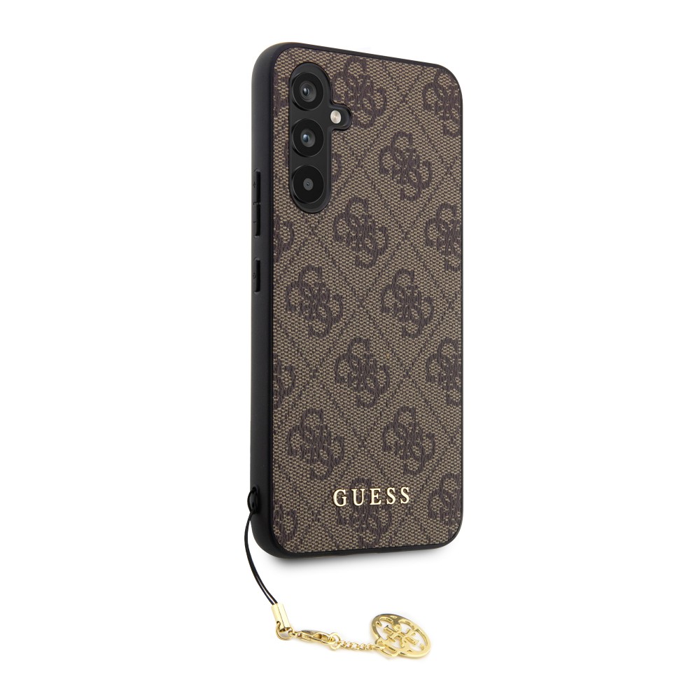 Samsung Galaxy A54 5G Case Hülle - Guess Leinwand Kunstleder Monogramm goldenen Metall-Logo mit Charm Anhänger - Braun