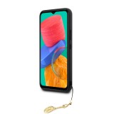 Samsung Galaxy A54 5G Case Hülle - Guess Leinwand Kunstleder Monogramm goldenen Metall-Logo mit Charm Anhänger - Braun