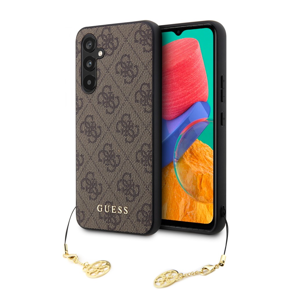 Samsung Galaxy A54 5G Case Hülle - Guess Leinwand Kunstleder Monogramm goldenen Metall-Logo mit Charm Anhänger - Braun