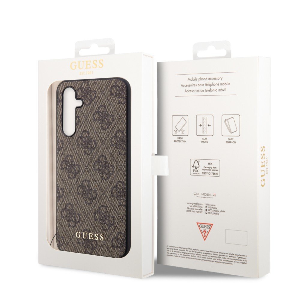 Samsung Galaxy A54 5G Case Hülle - Guess Leinwand Kunstleder Monogramm goldenen Metall-Logo mit Charm Anhänger - Braun
