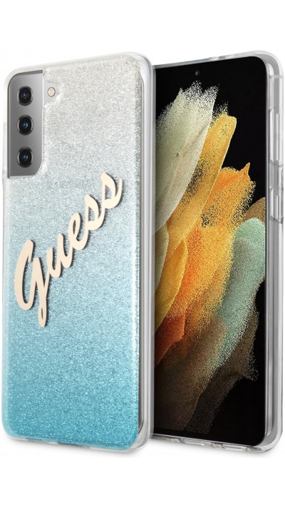 Galaxy S21+ 5G Case Hülle - Guess transparenter Farbverlauf mit Pailletten von blau bis silber mit Logoprint - Blau