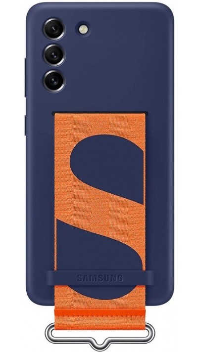 Galaxy S21 FE 5G Case Hülle - Original aus Soft-Touch-Silikon mit integriertem orangem Stoffriemen - Dunkelblau