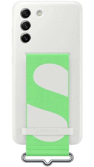 Galaxy S21 FE 5G Case Hülle - Original aus Soft-Touch-Silikon mit integriertem grünem Stoffriemen - Weiss