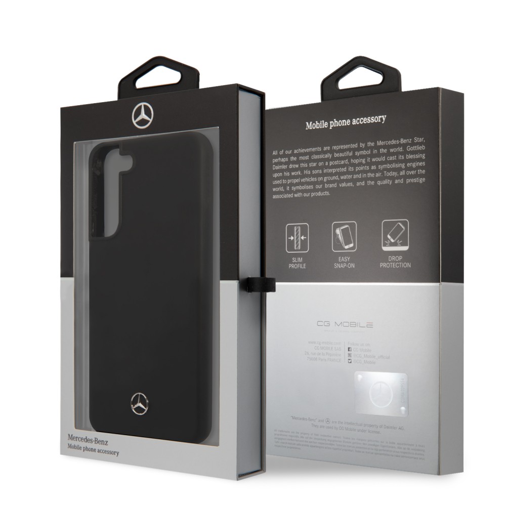 Coque Samsung Galaxy S22 - Mercedes officielle en silicone soft touch et logo métallique en relief - Noir