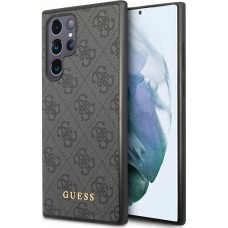 Samsung Galaxy S22 Ultra Case Hülle - Guess Leinwand Kunstleder mit goldfarbenem Metall-Logo in Reliefoptik - Schwarz