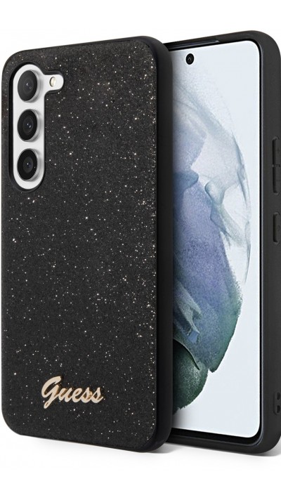 Samsung Galaxy S23 Case Hülle - Guess schwarz Glitter mit goldenem Metalllogo - Schwarz