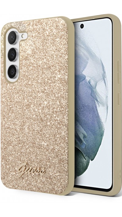 Samsung Galaxy S23 Case Hülle - Guess Gold Glitter mit goldenem Metalllogo - Gold