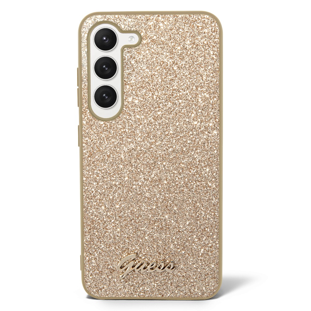 Samsung Galaxy S23 Case Hülle - Guess Gold Glitter mit goldenem Metalllogo - Gold