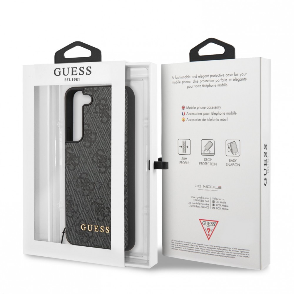 Samsung Galaxy S24+ Case Hülle - Guess Leinwand Kunstleder Monogramm goldenen Metall-Logo mit Charm Anhänger - Schwarz