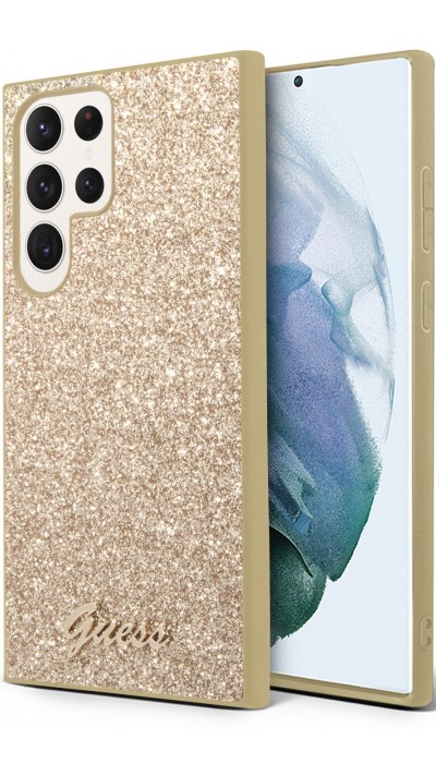 Samsung Galaxy S23 Ultra Case Hülle - Guess Gold Glitter mit goldenem Metalllogo - Gold