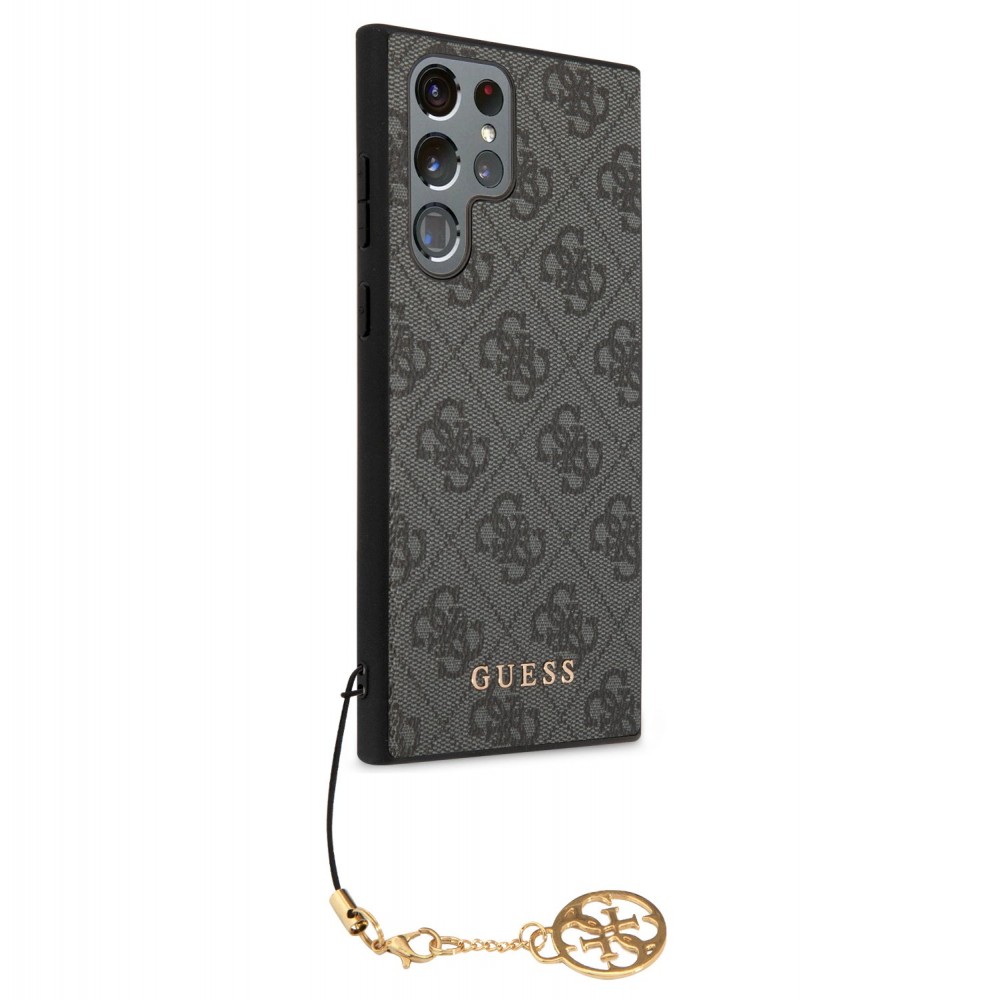 Samsung Galaxy S23 Ultra Case Hülle - Guess Leinwand Kunstleder Monogramm goldenen Metall-Logo mit Charm Anhänger - Schwarz