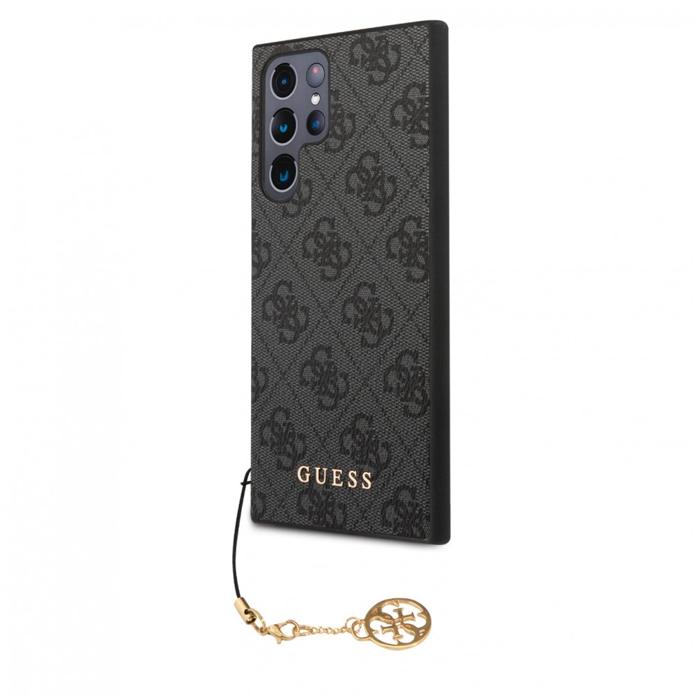 Samsung Galaxy S23 Ultra Case Hülle - Guess Leinwand Kunstleder Monogramm goldenen Metall-Logo mit Charm Anhänger - Schwarz