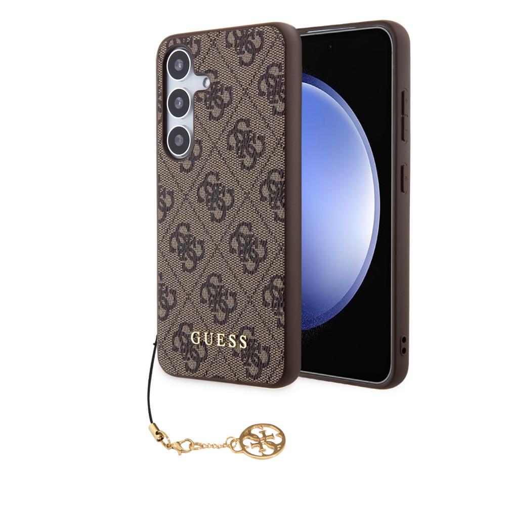 Samsung Galaxy A35 5G Case Hülle - Guess Leinwand Kunstleder Monogramm goldenen Metall-Logo mit Charm Anhänger - Braun