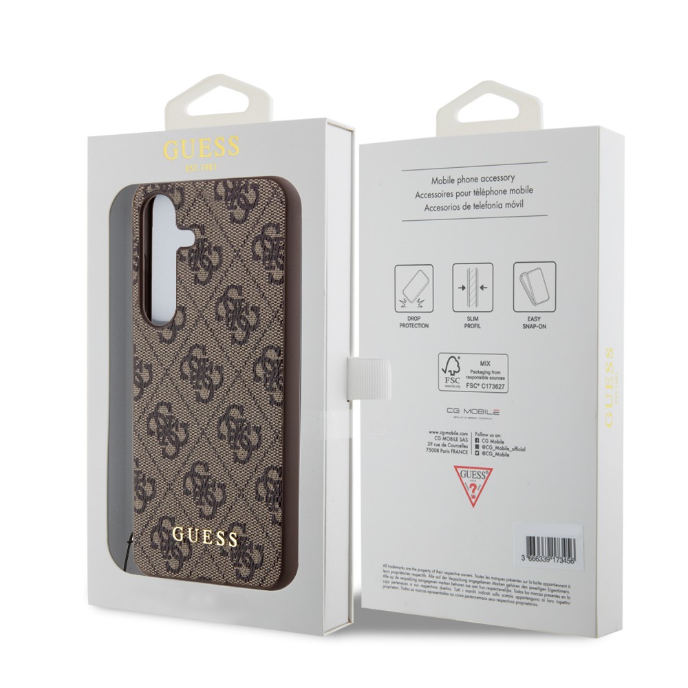 Samsung Galaxy A35 5G Case Hülle - Guess Leinwand Kunstleder Monogramm goldenen Metall-Logo mit Charm Anhänger - Braun