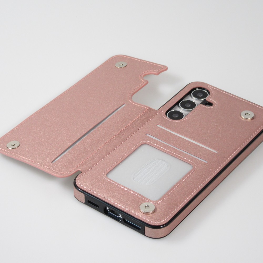 Galaxy S24 Case H&uuml;lle - Silikon case mit Kunstleder Oberfl&auml;che und aufklappbarem Portemonnaie - Rosa