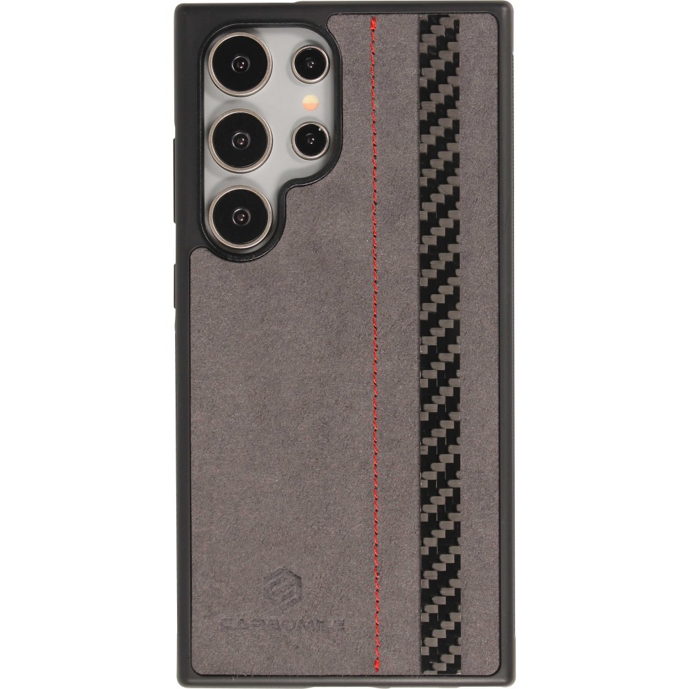 Samsung Galaxy S24 Ultra Case Hülle - Carbomile Alcantara und Carbon mit roten Nähten (MagSafe kompatibel)