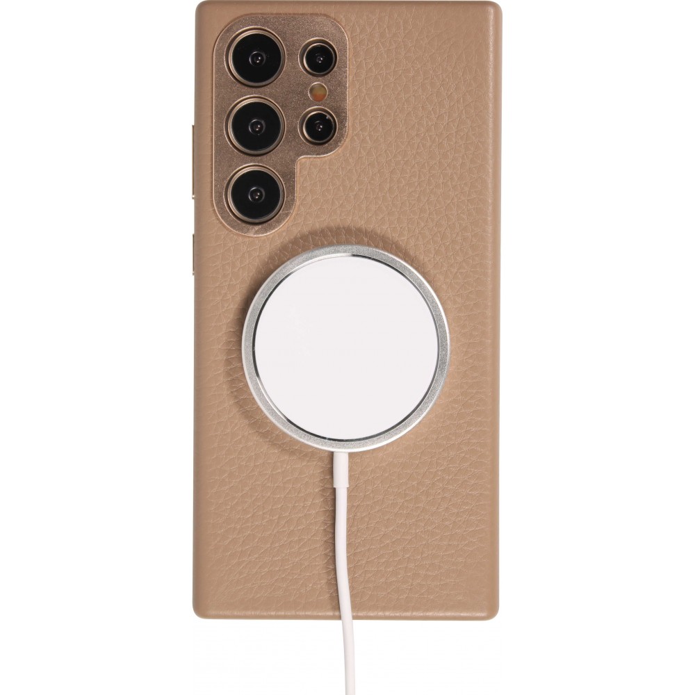 Galaxy S24 Ultra Case H&uuml;lle - Vollst&auml;ndig genarbtes Luxuskalbsleder mit Metallkn&ouml;pfen und MagSafe - Beige