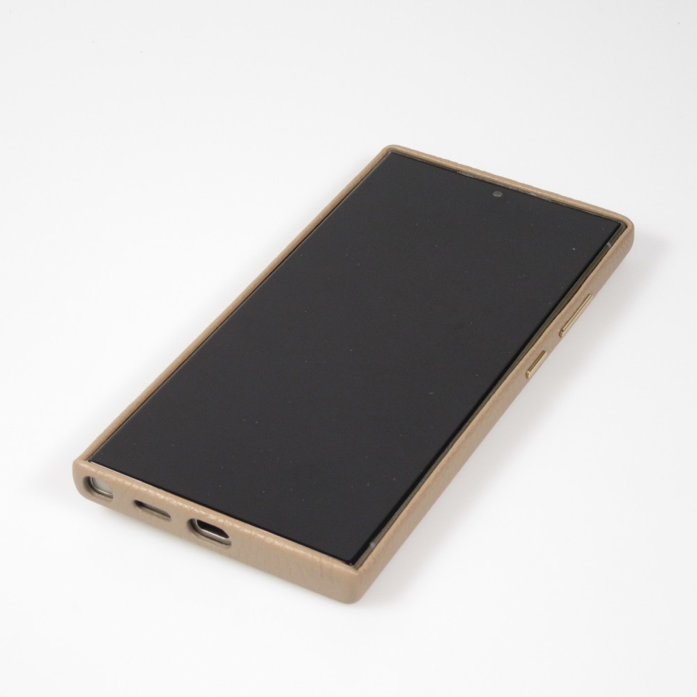 Galaxy S24 Ultra Case H&uuml;lle - Vollst&auml;ndig genarbtes Luxuskalbsleder mit Metallkn&ouml;pfen und MagSafe - Beige