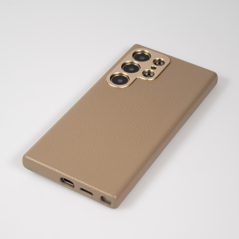 Galaxy S24 Ultra Case H&uuml;lle - Vollst&auml;ndig genarbtes Luxuskalbsleder mit Metallkn&ouml;pfen und MagSafe - Beige