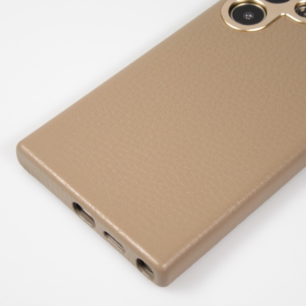 Galaxy S24 Ultra Case H&uuml;lle - Vollst&auml;ndig genarbtes Luxuskalbsleder mit Metallkn&ouml;pfen und MagSafe - Beige