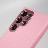Galaxy S24 Ultra Case H&uuml;lle - Vollst&auml;ndig genarbtes Luxuskalbsleder mit Metallkn&ouml;pfen und MagSafe - Rosa