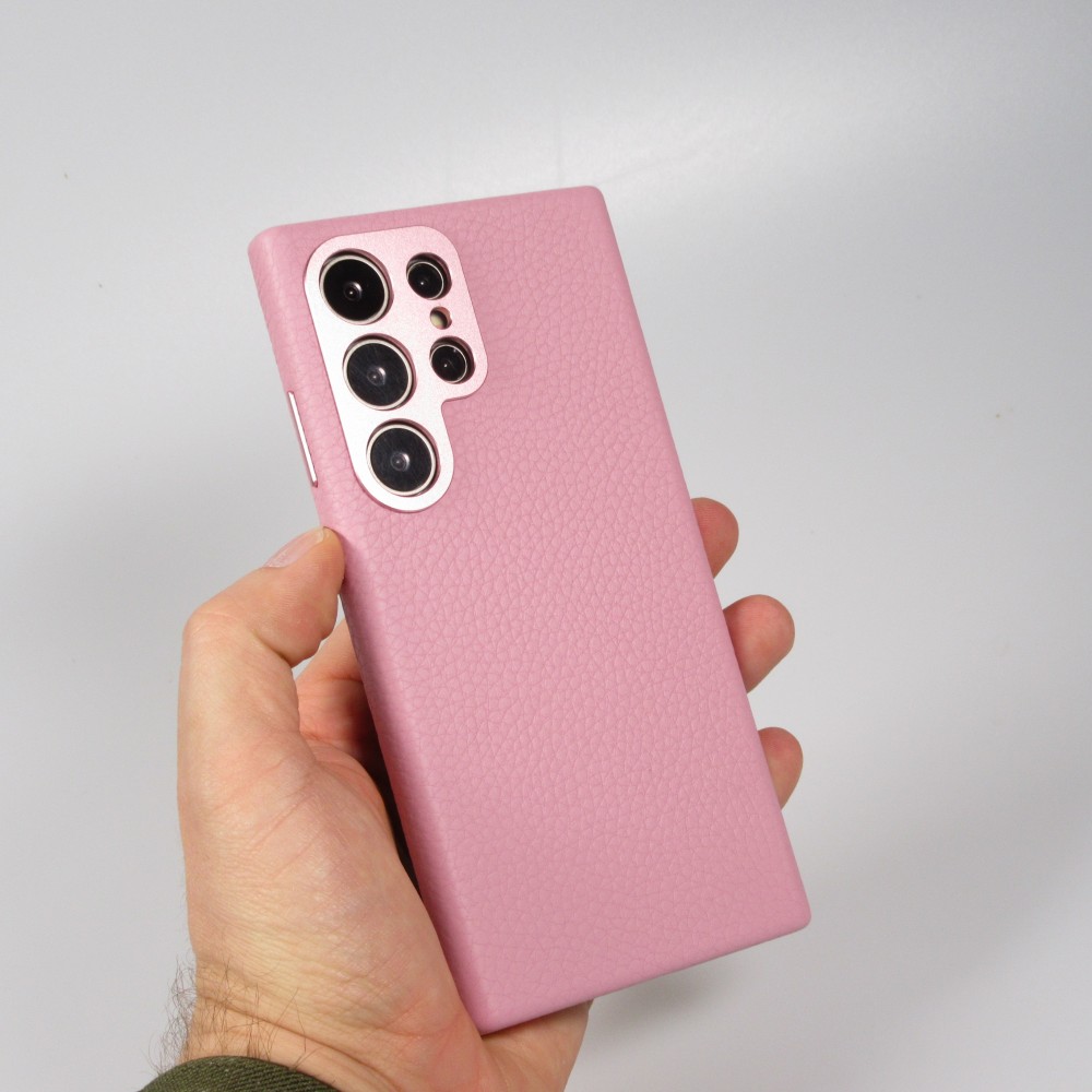Galaxy S24 Ultra Case H&uuml;lle - Vollst&auml;ndig genarbtes Luxuskalbsleder mit Metallkn&ouml;pfen und MagSafe - Rosa