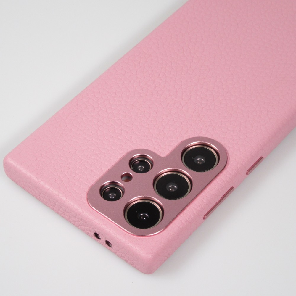 Galaxy S24 Ultra Case H&uuml;lle - Vollst&auml;ndig genarbtes Luxuskalbsleder mit Metallkn&ouml;pfen und MagSafe - Rosa