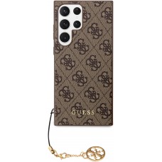 Samsung Galaxy S23 Ultra Case Hülle - Guess Leinwand Kunstleder Monogramm goldenen Metall-Logo mit Charm Anhänger - Braun