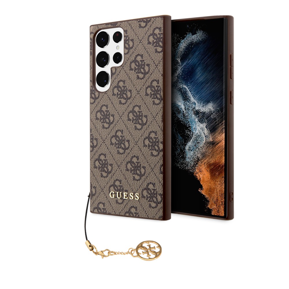 Samsung Galaxy S23 Ultra Case Hülle - Guess Leinwand Kunstleder Monogramm goldenen Metall-Logo mit Charm Anhänger - Braun