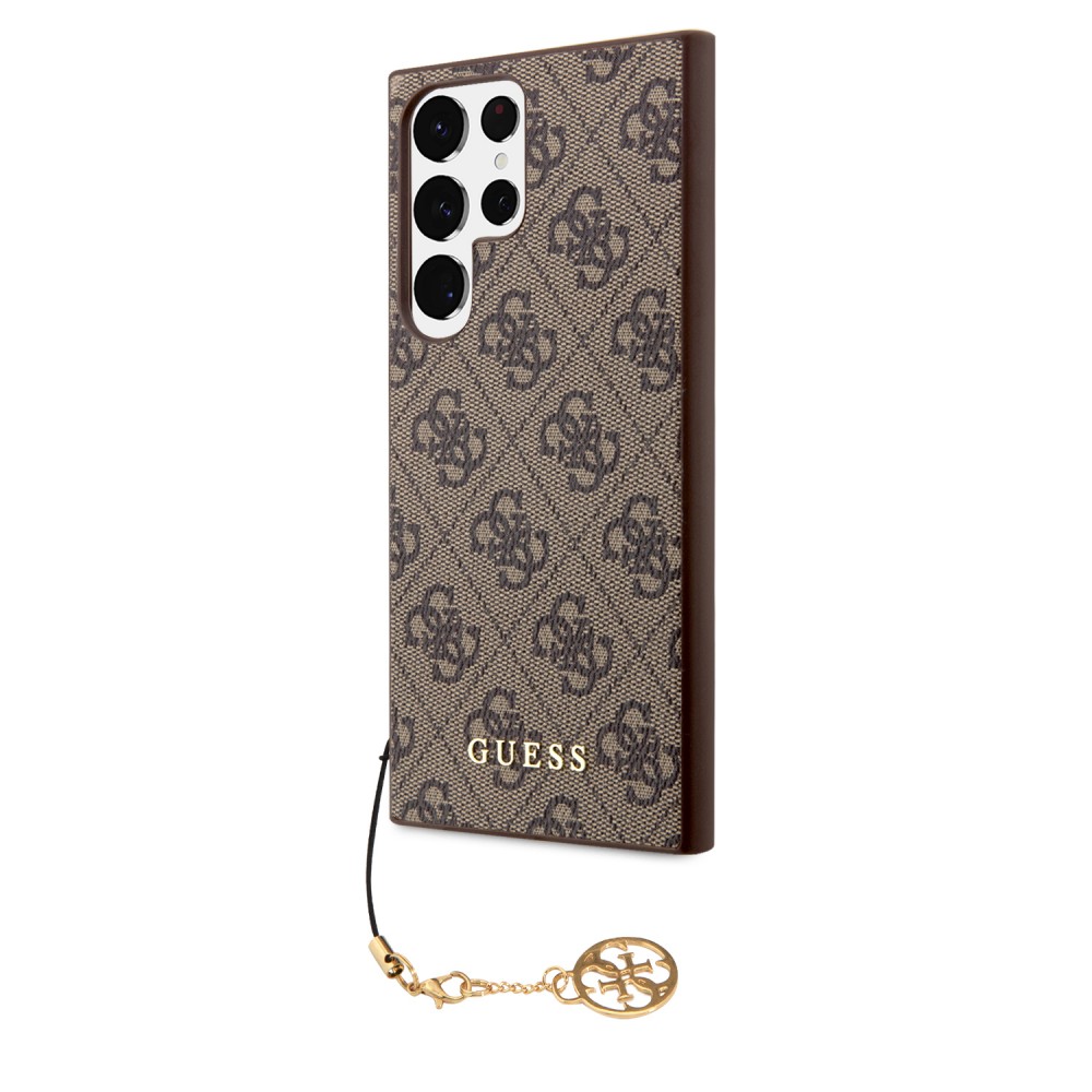Samsung Galaxy S23 Ultra Case Hülle - Guess Leinwand Kunstleder Monogramm goldenen Metall-Logo mit Charm Anhänger - Braun