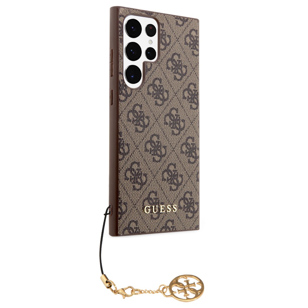 Samsung Galaxy S23 Ultra Case Hülle - Guess Leinwand Kunstleder Monogramm goldenen Metall-Logo mit Charm Anhänger - Braun