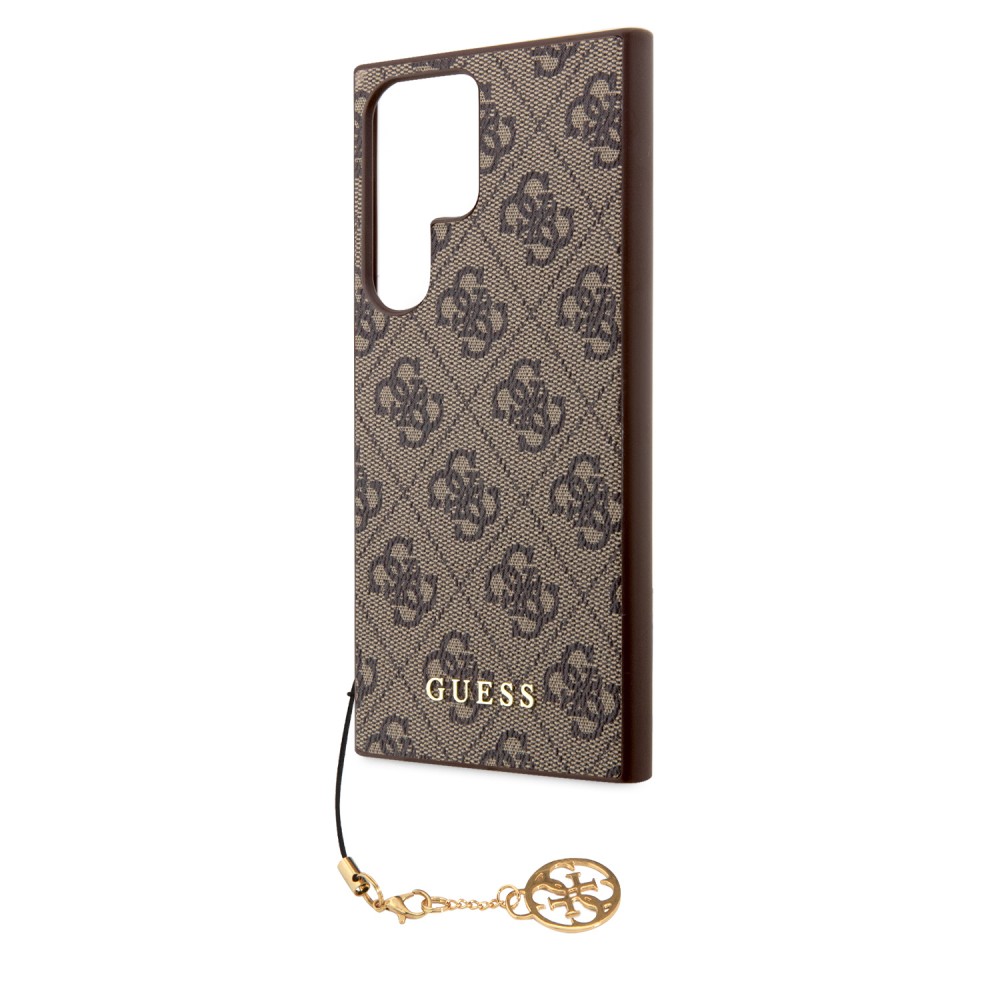 Samsung Galaxy S23 Ultra Case Hülle - Guess Leinwand Kunstleder Monogramm goldenen Metall-Logo mit Charm Anhänger - Braun