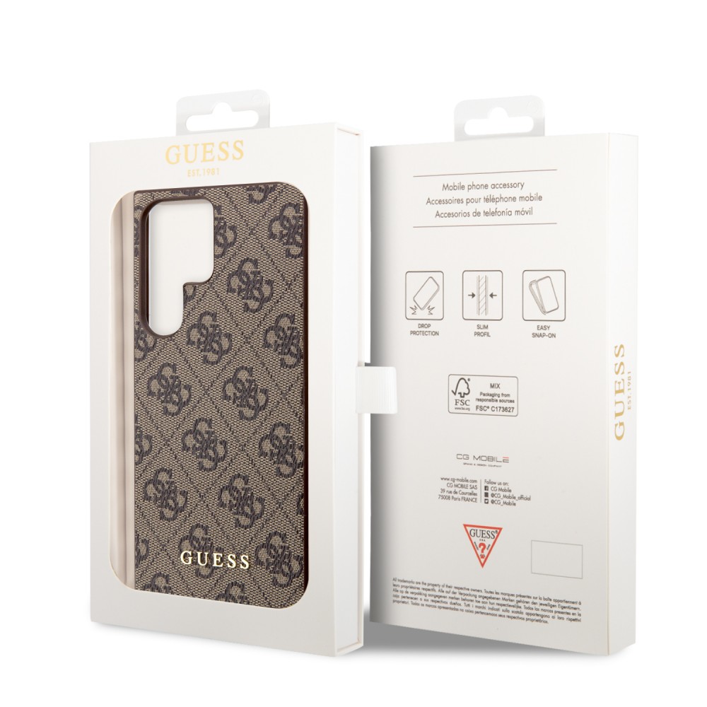 Samsung Galaxy S23 Ultra Case Hülle - Guess Leinwand Kunstleder Monogramm goldenen Metall-Logo mit Charm Anhänger - Braun